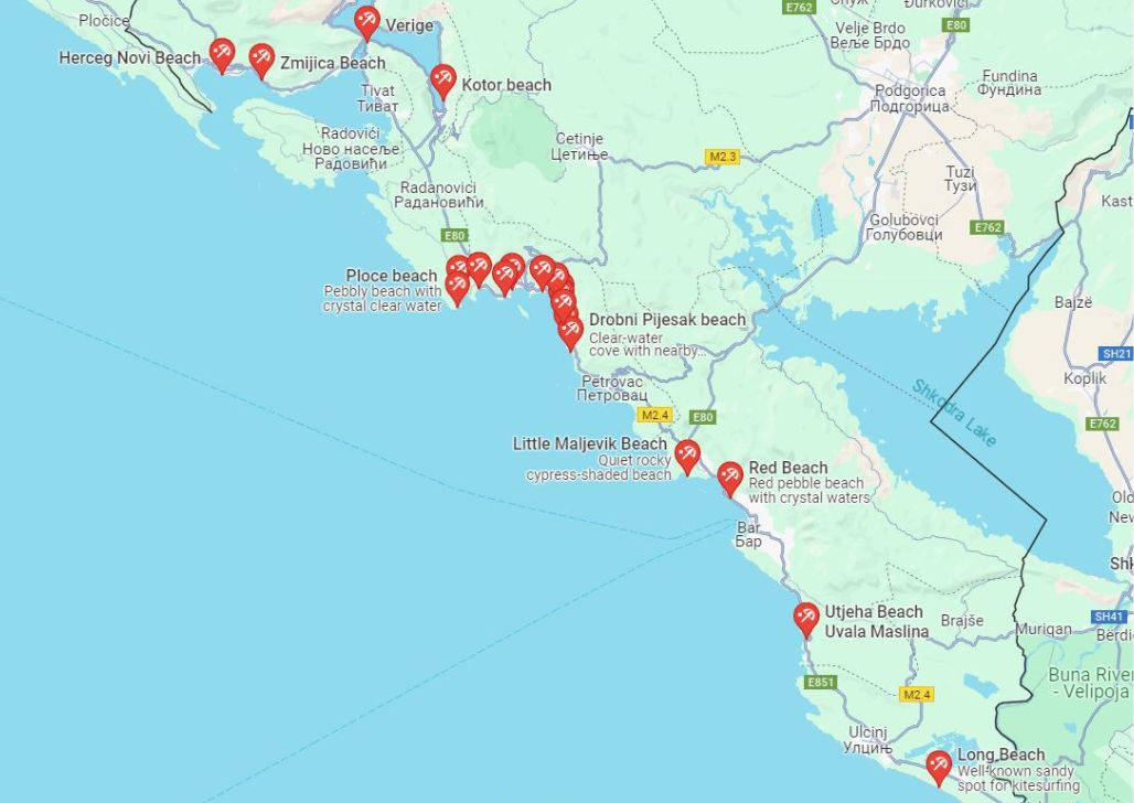 Mapa Crne Gore sa označenim najlepšim plažama